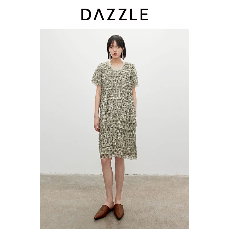 DAZZLE地素 连衣裙夏女装荷叶边满底印花中裙2I2O467
