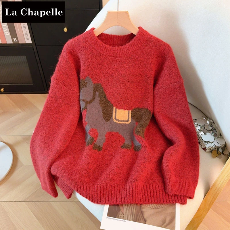拉夏贝尔马上有钱新年红色小马提花毛衣女装2025秋冬洋气减龄上衣