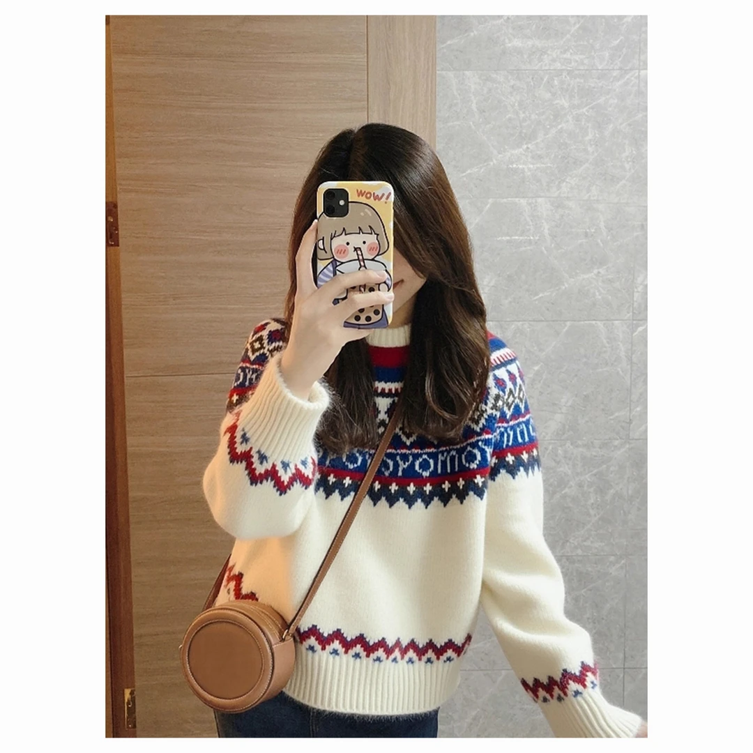 米白色慵懒风费尔岛套头针织衫女冬季巨好看的加厚毛衣可外穿内搭