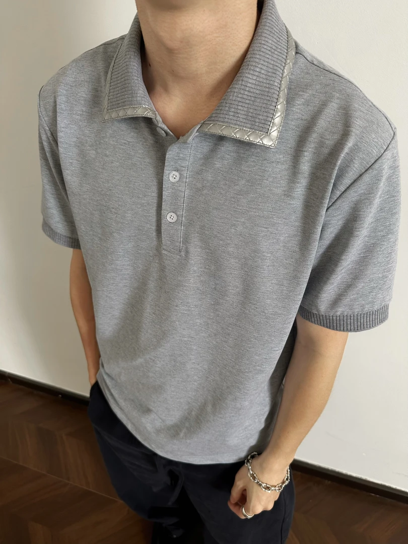 【EME】【新贵高奢】针织冰感轻薄翻领编织皮领短袖polo衫免烫休闲T恤