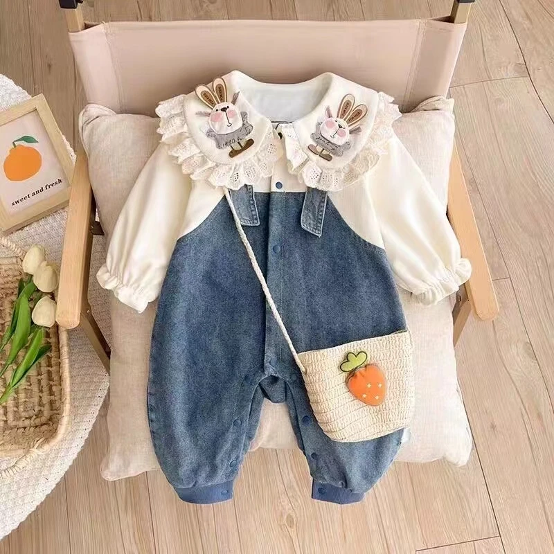 双层婴儿衣服春秋装秋季宝宝连体衣超萌公主满月百天外出爬服{硕