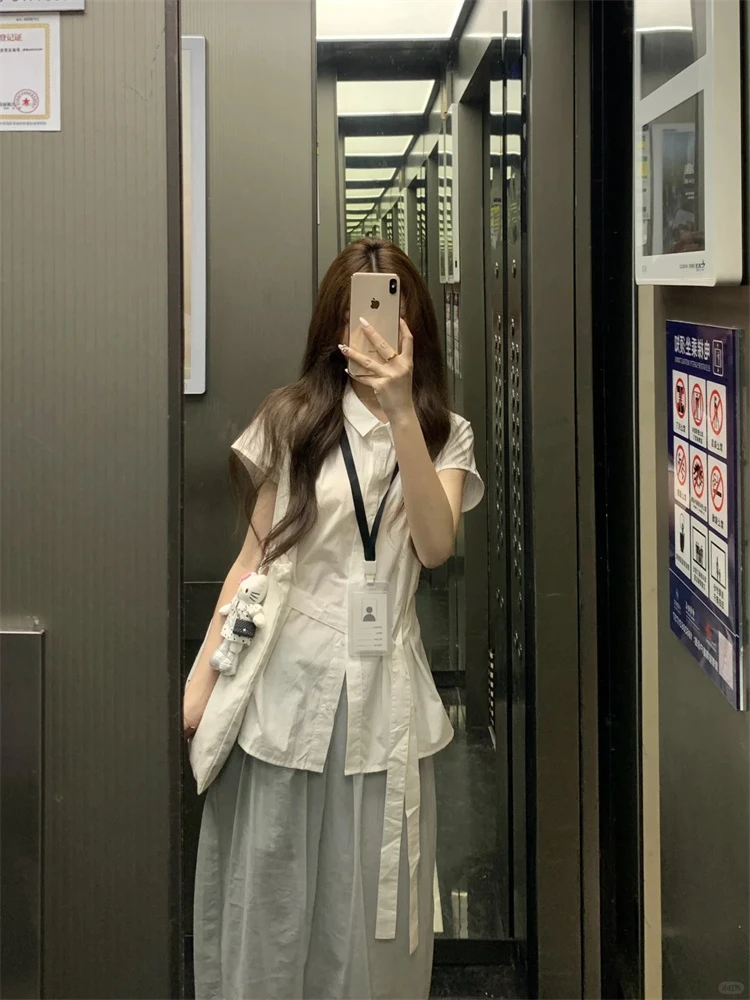 2025夏季时尚套装女韩版小众收腰显瘦短袖衬衫复古半身减龄两件套