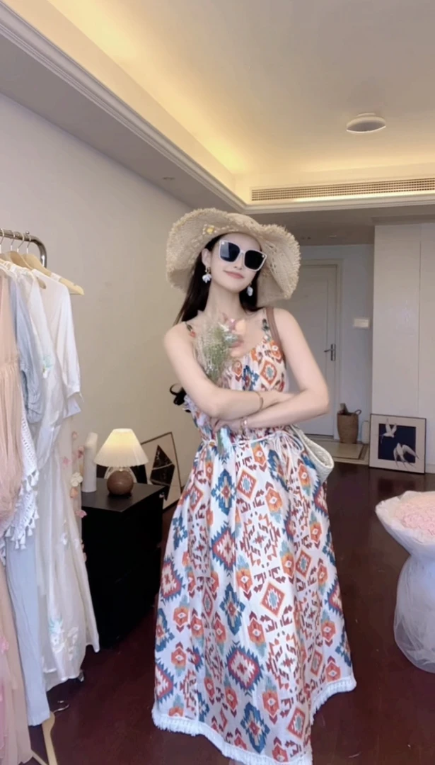 【米儿专属】加州夏日波西米亚度假气质高级感显瘦连衣裙送腰带2536