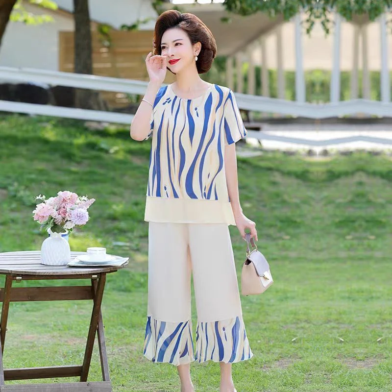 9830-套装上新！夏季新款洋气宽松短袖上衣阔腿裤妈妈装二件套