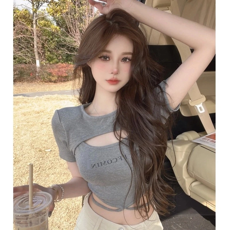 【孤品】蛋炒饭服饰studio性感甜酷辣妹设计感小众镂空绑带短袖T恤