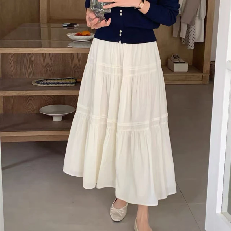 新款时尚显瘦半身裙连衣裙高腰白色春夏纯色法式长裙气质8522