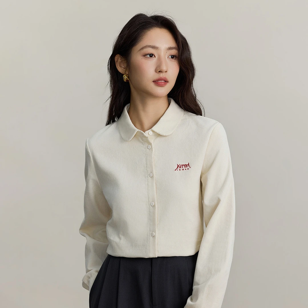 茵曼纯棉简约长袖衬衫女2025秋冬款百搭宽松休闲灯芯绒衬衣