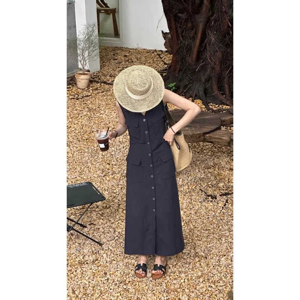 【70天丝30亚麻】SUAN 单排扣设计感小众法式工装连衣裙 TQ8293#