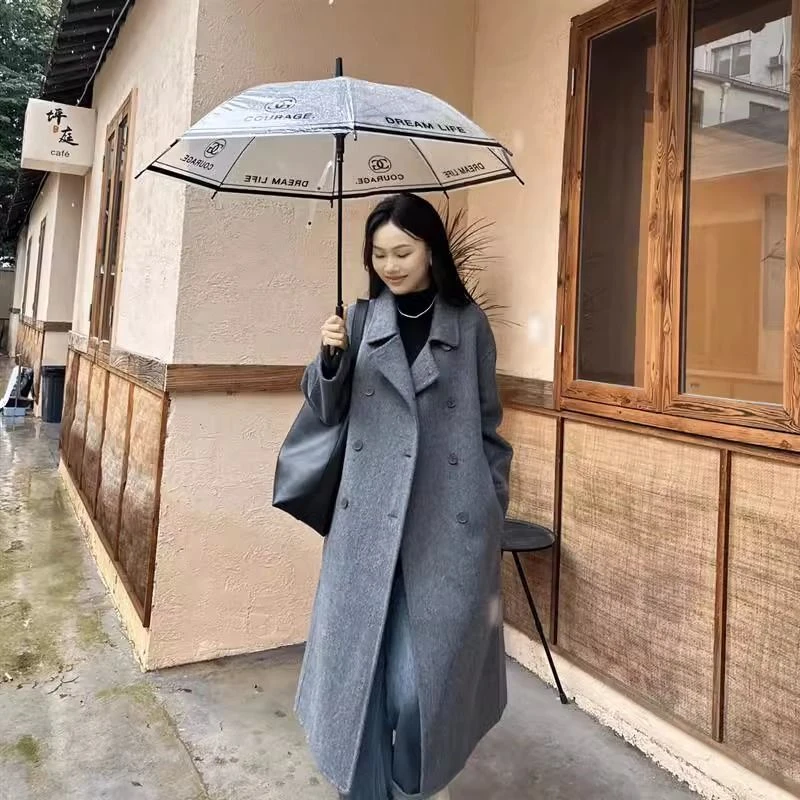 2025秋冬新款双面毛呢加厚小个子双排扣中长羊毛大衣女慵懒风外套