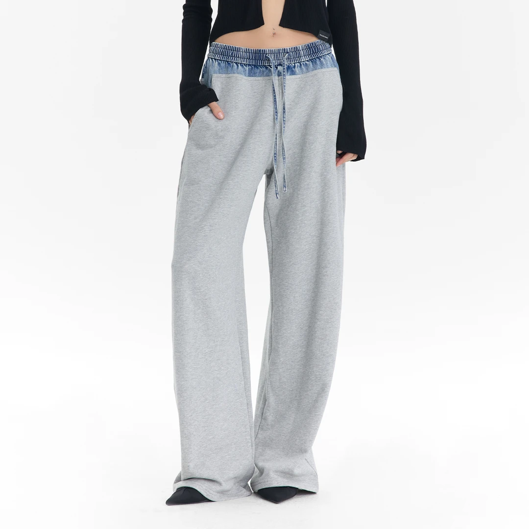 CALLED BACK早秋新款百搭抽绳牛仔拼接阔腿休闲长裤