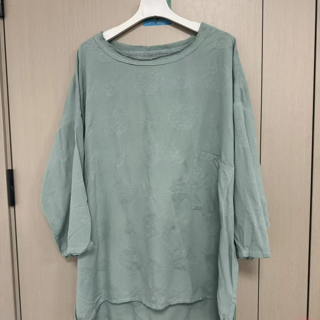 【沐木流浪记】蓝色圆圈圆领单口袋休闲衬衫Z