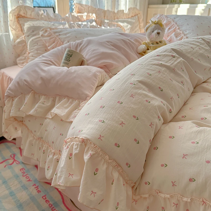 ins韩系碎花床上四件套唯美花边被套床单公主风床品三件套床裙款4