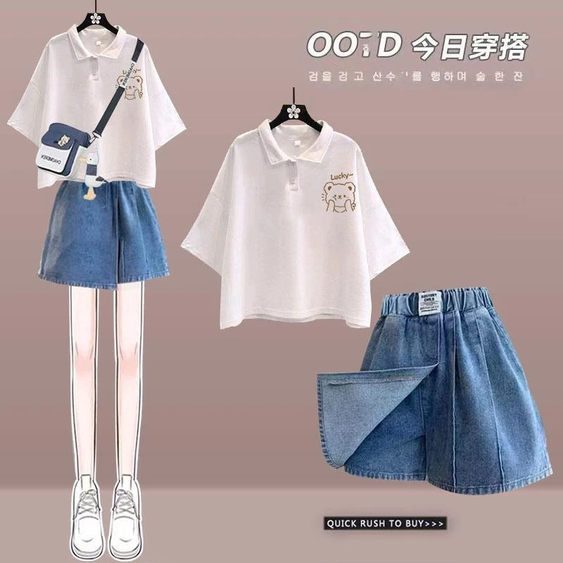 休闲女童夏季中大童POLO领纯棉短袖T恤+牛仔裤裙短裤女孩两件套装
