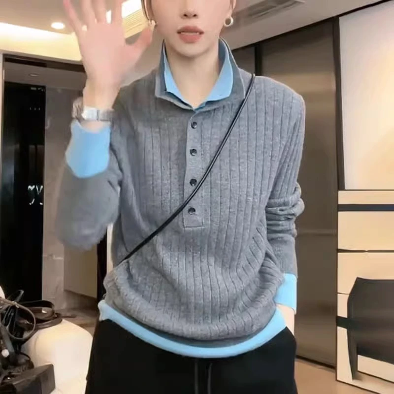 灰色撞色假两件高领毛衣女秋冬慵懒高级感时尚气质打底针织衫上衣