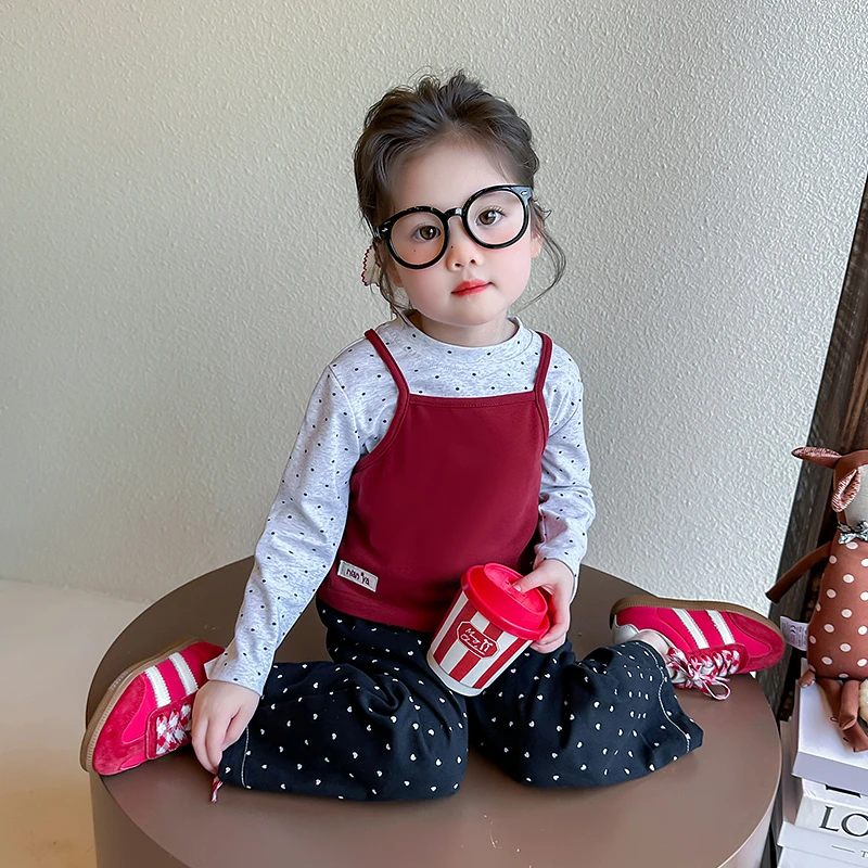 女童背心2025春秋女宝韩版红色背心儿童简约圆点打底衫裤子三件套