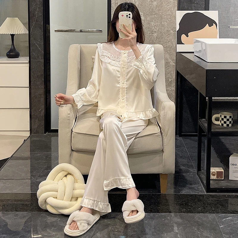 韩系ins睡衣女春秋季新款冰雪丝绸凉感杏色公主风甜美家居服套装