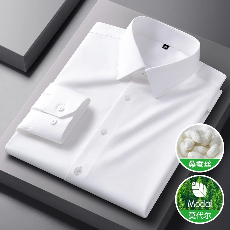 尺度保罗春季含桑蚕丝长袖衬衫男士纯色休闲商务莫代尔衬衣服薄款