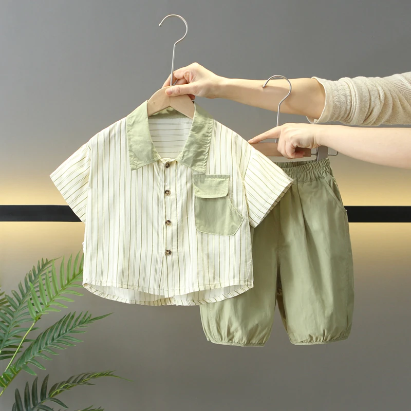 男童套装夏季短袖衬衫两件套宝宝洋气条纹薄款儿童炸街衣服痞帅潮