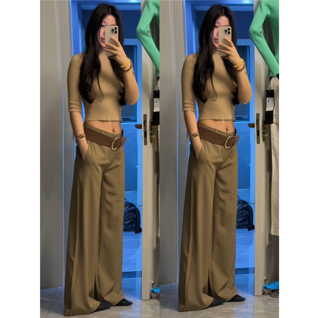 复古时尚高腰西装长裤女秋2025新款垂感直筒长裤宽松阔腿拖地裤子