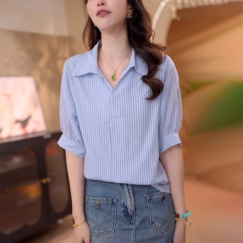 蓝色条纹衬衫女士2025夏季新款高级感洋气重工烫钻设计感休闲上衣