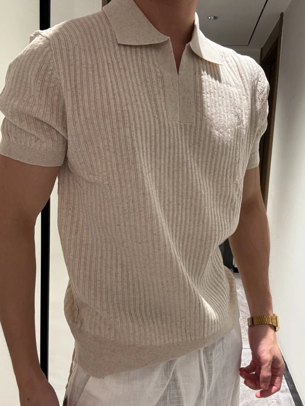 RIVER/老钱风亚麻+天丝材质高品质质感拉满V领设计多色短袖polo衫