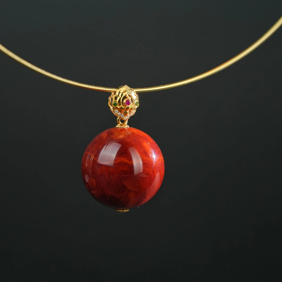 典藏级 南红火焰纹原矿单珠吊坠 18.5mm± 18K金 多样性发17093