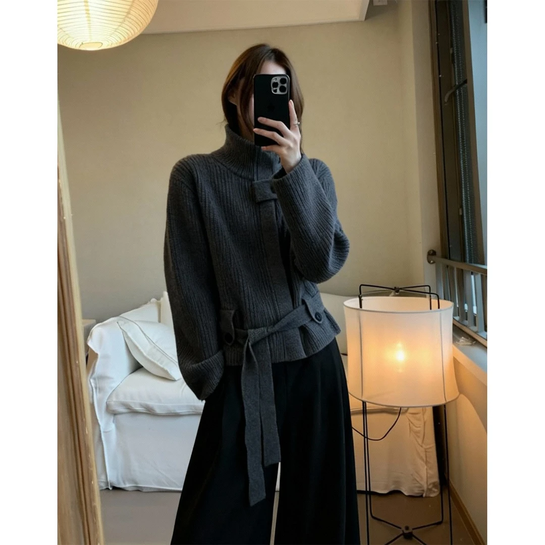 老钱风毛衣外套女新款小众设计感立领系带收腰针织衫女秋冬nnassa