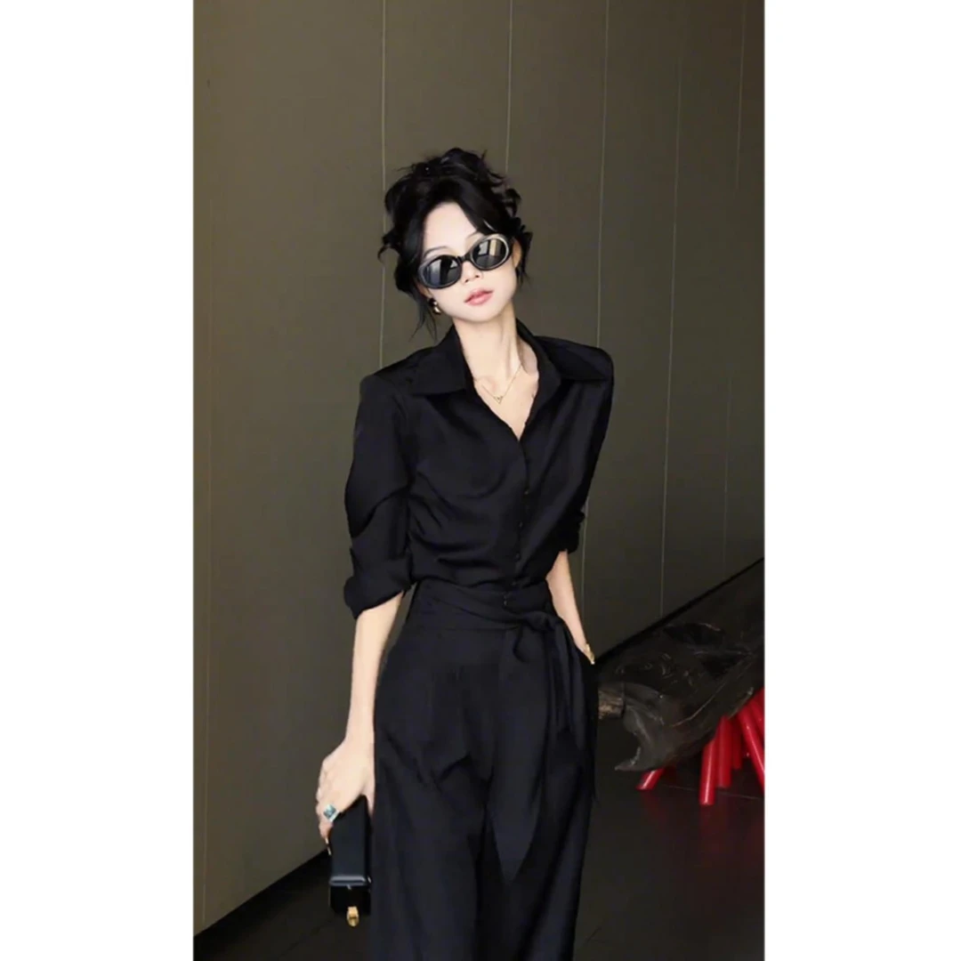 【柔一 夏季】25早春法式小众设计套装黑色时尚高腰束腰裤子上下装