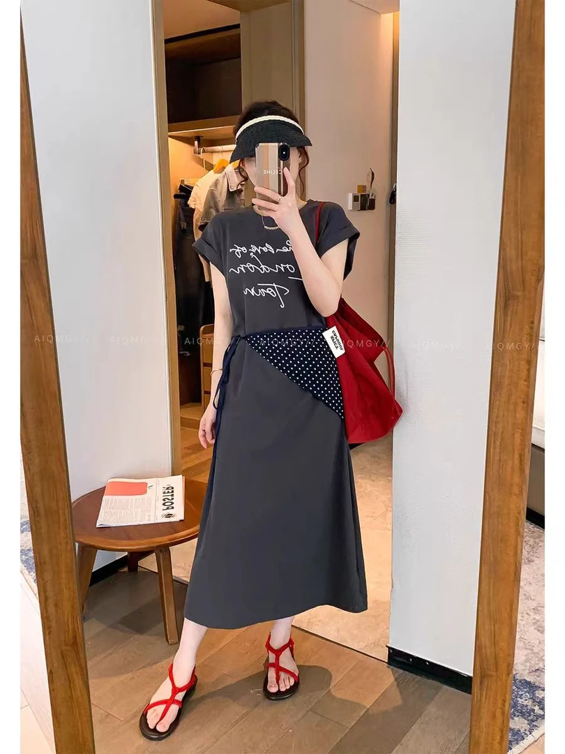 灰色配波点屁帘字母连衣裙女2025年夏季新款T恤裙长裙1916