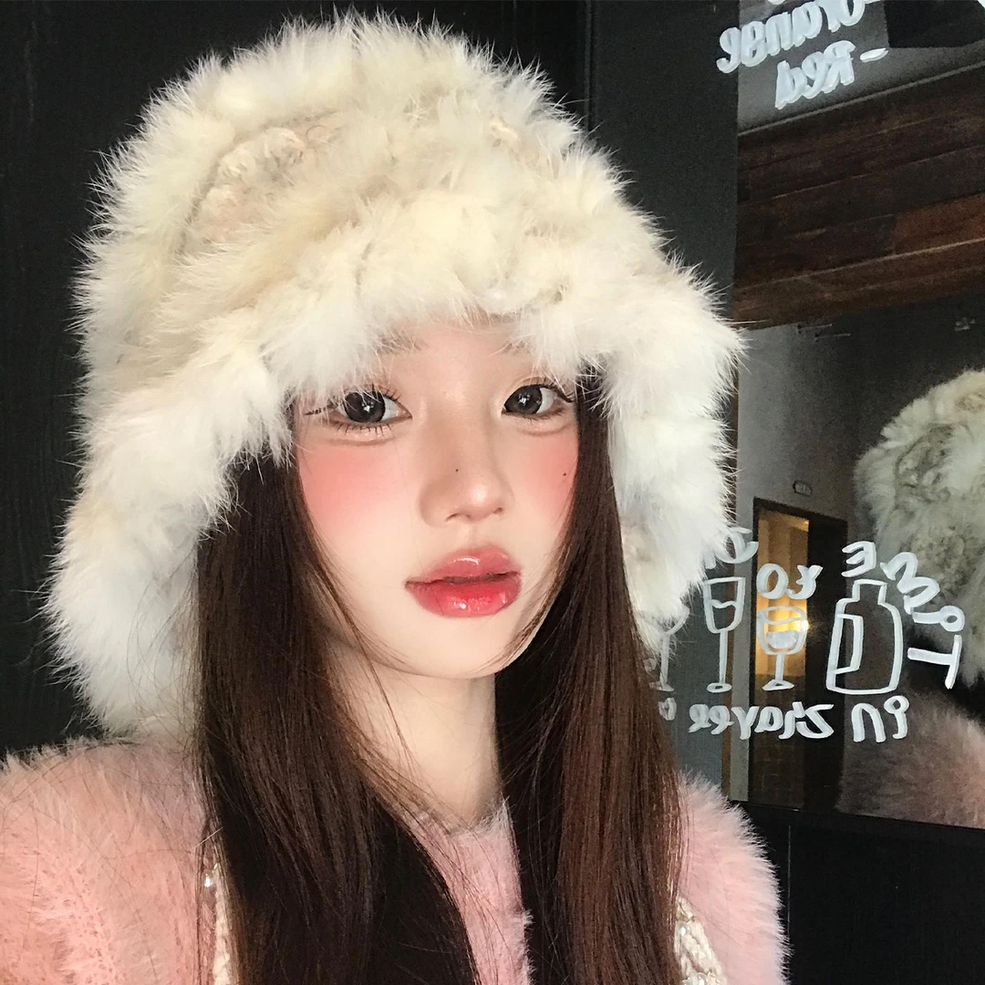 兔毛帽子女秋冬保暖大头围毛绒渔夫帽显脸小醒狮帽加厚护耳帽子潮