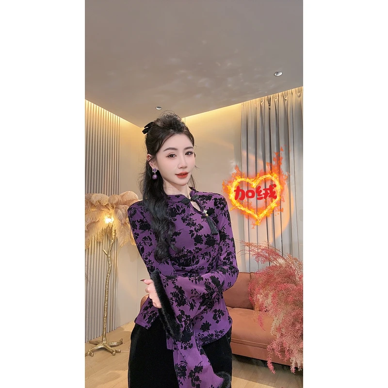 【美美专享】11155新中式复古盘扣吊坠蕾丝加绒上衣女