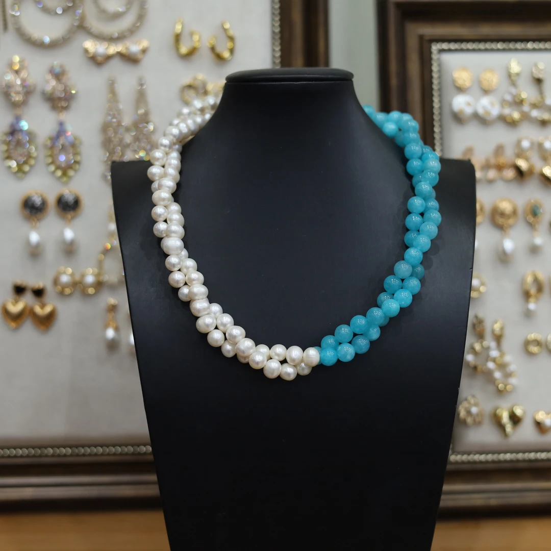 铜合金锆石项链 中国风设计女8mm仿天河石头珍珠项链蓝色经典