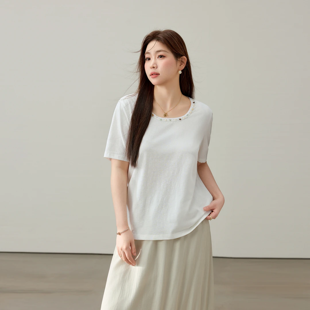 【优雅复古文艺T恤】纤莉秀W大码女装花边领口时尚百搭短袖QK1338