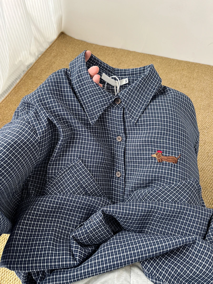 巨好穿！腊肠狗刺绣蓝色格子Polo领衬衫外套女早秋防晒衫复古上衣