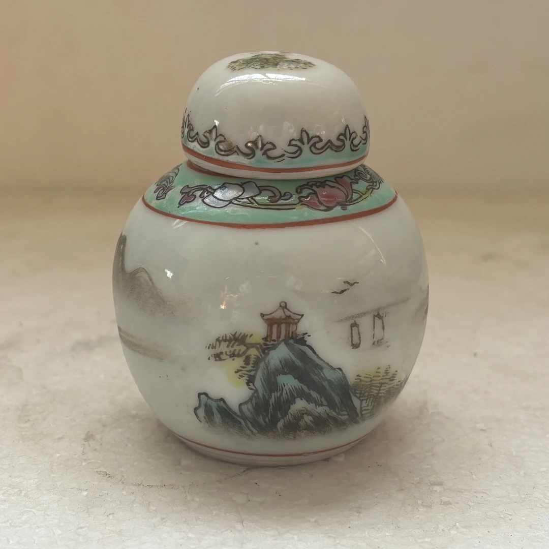 {微瑕}粉彩山水手绘小宝珠罐圈边松石绿