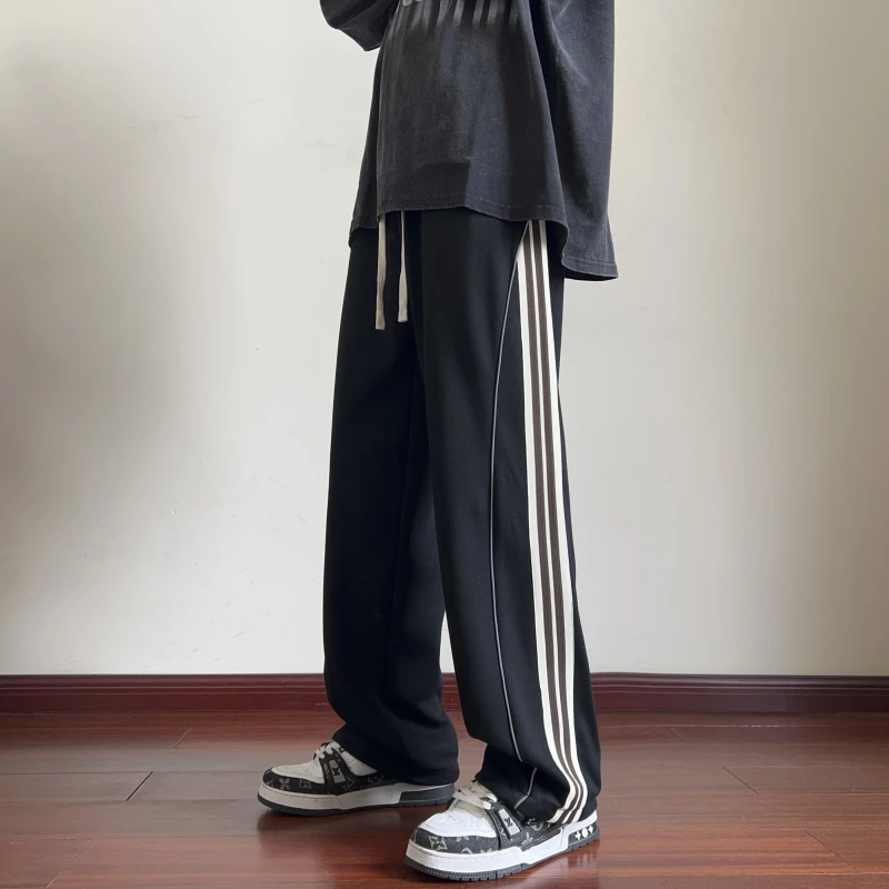 春秋新款美式条纹织带拼接运动卫裤男直筒宽松可束脚阔腿休闲长裤