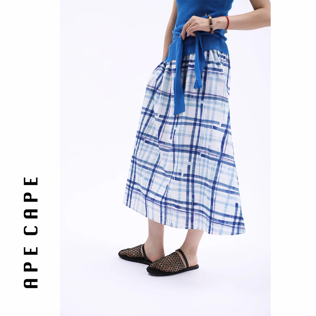 APECAPE【画格】设计风格纹半身裙女 夏季文艺油画风不规则格纹裙女