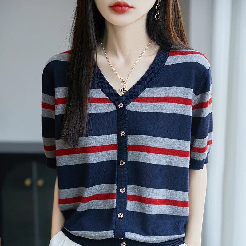 新款哥弟阿玛施正品夏季短袖针织T恤韩版宽松v领薄款条纹显瘦上衣