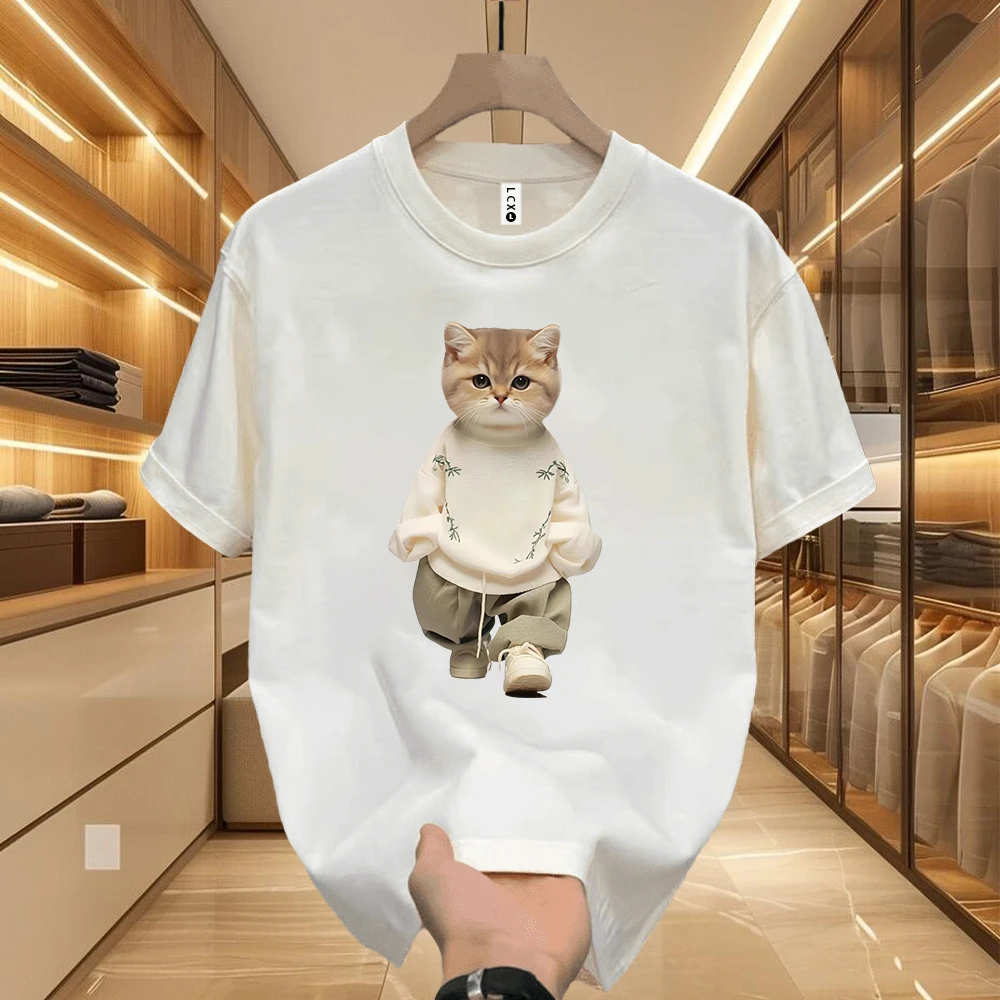 美式痞帅短袖T恤-秀猫重磅纯棉半袖网红洋气炸街圆领宽松上衣短袖