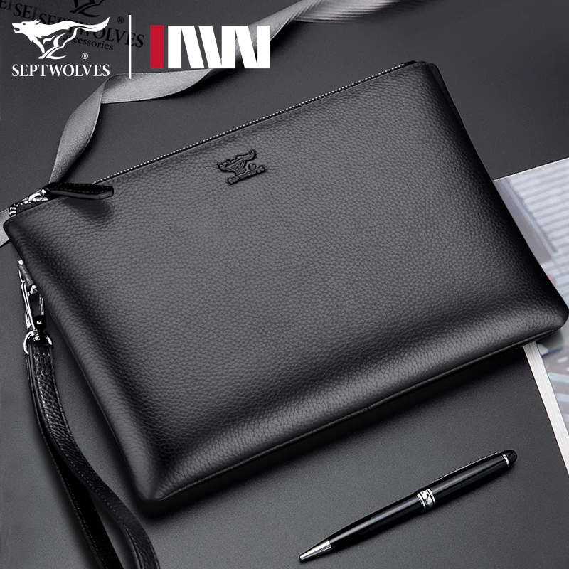 七匹狼真皮男包男士包包手包多功能新款正品信封包头层牛皮手拿包