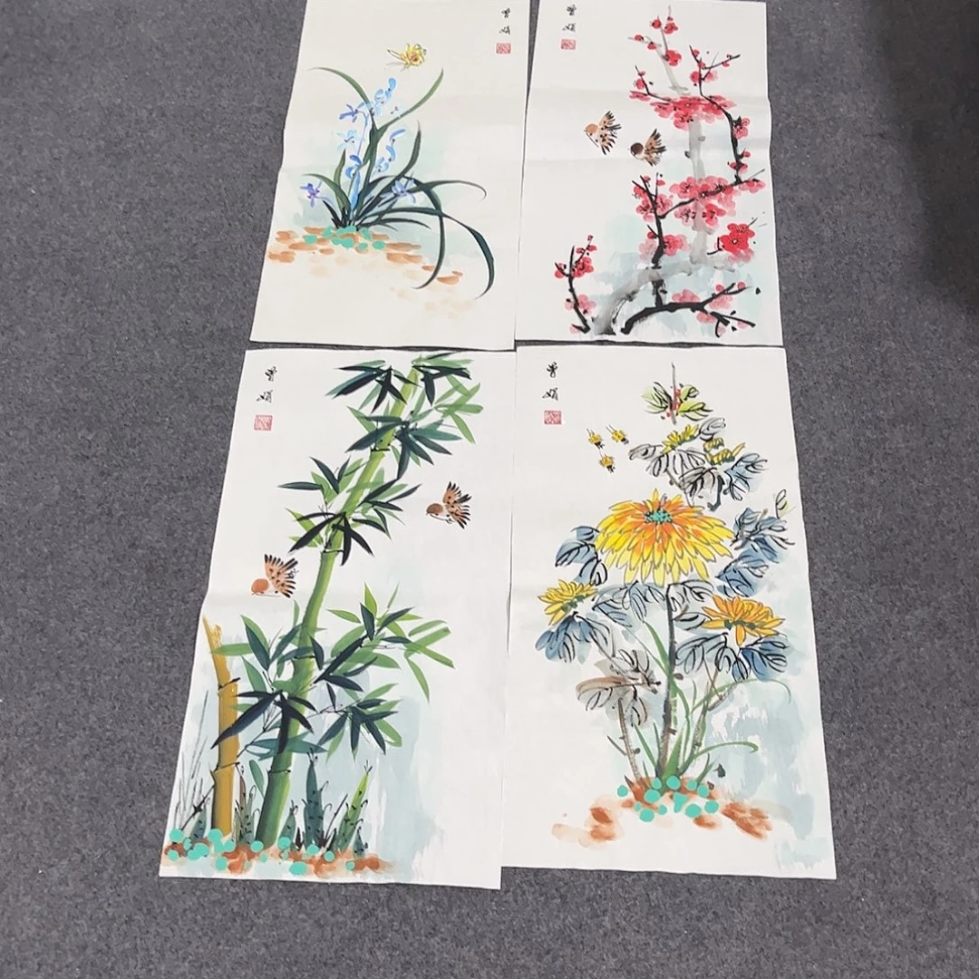 国画D精品国画作品四条屏