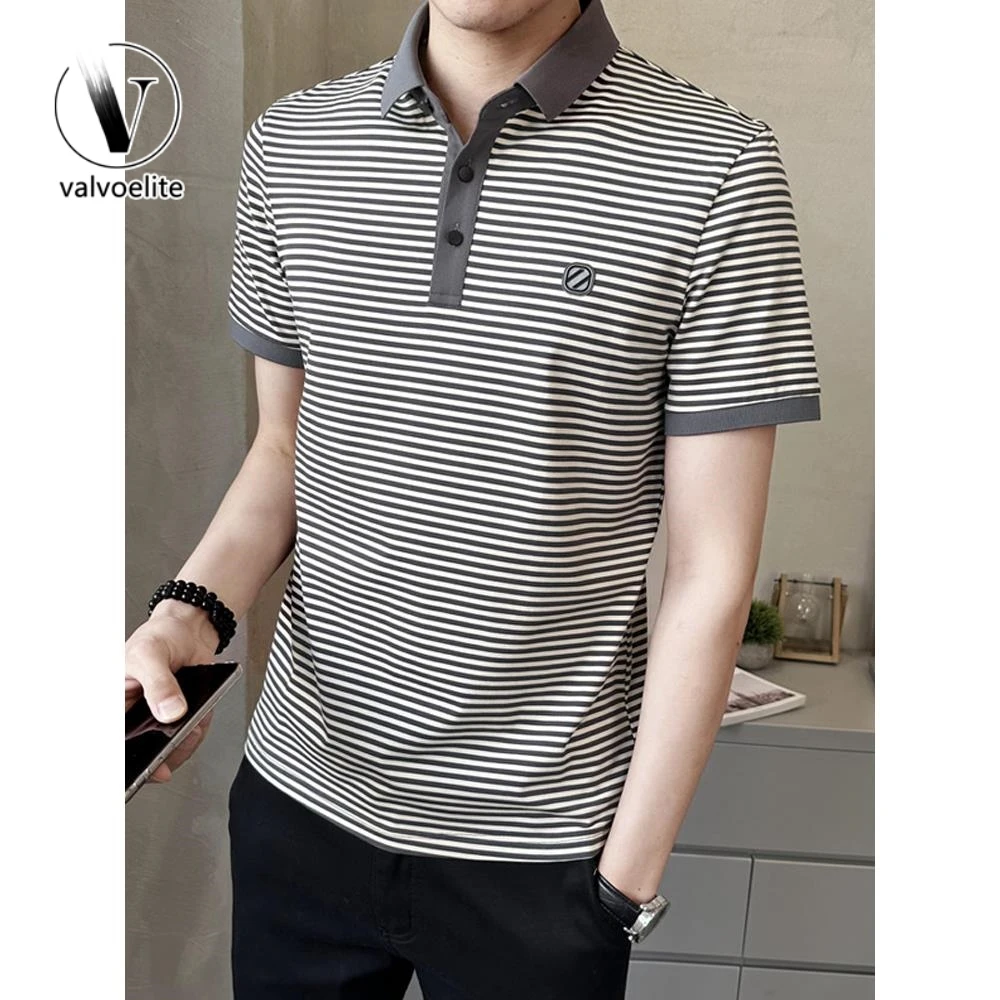 VALVOELITE男短袖t恤新款POLO衫薄款潮牌冰丝休闲莫代尔条纹半袖