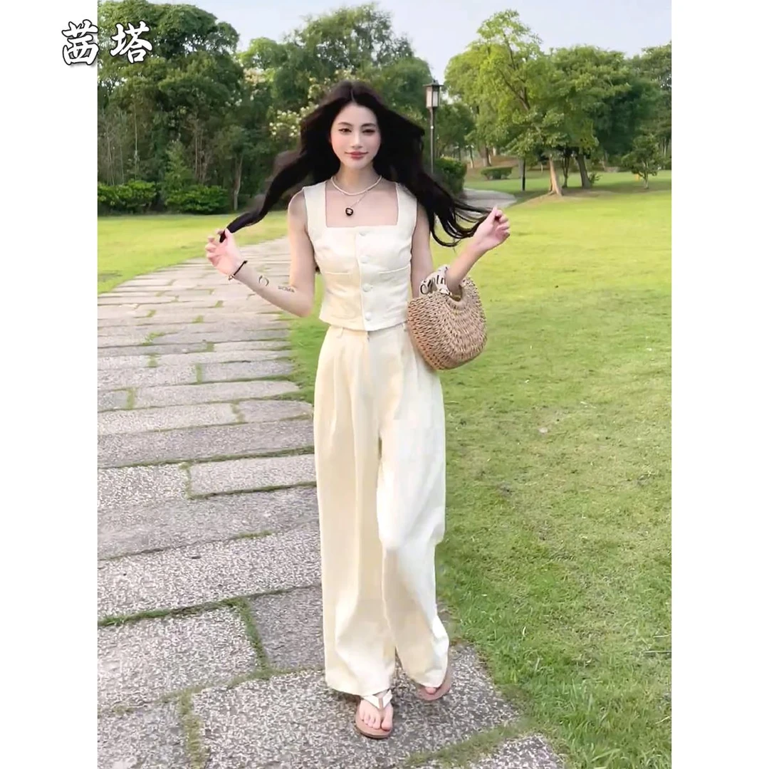 轻熟风时尚套装女2025夏季高级感别致收腰无袖吊带+阔腿裤两件套