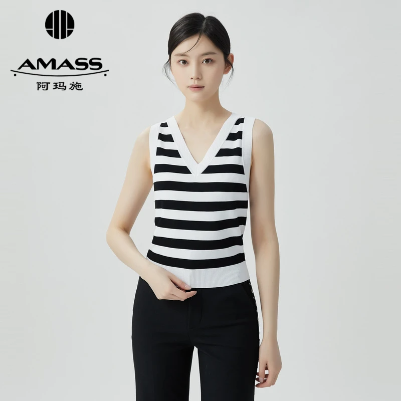 AMASS/阿玛施新款夏季百搭休闲V领风感波流光风白色V领无袖背心