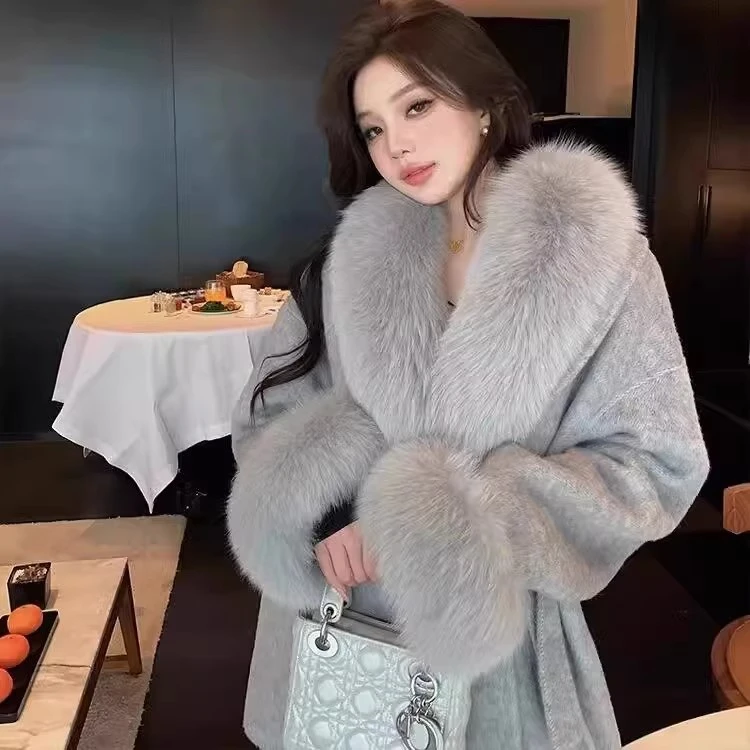 RIXO STREET纯色保暖西装V领秋冬毛呢外套流苏轻奢大毛领韩版