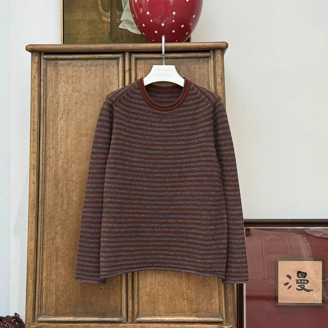 MYL 2024秋冬新品YANG毛咖色条纹针织衫时尚休闲百搭圆领套头毛衣