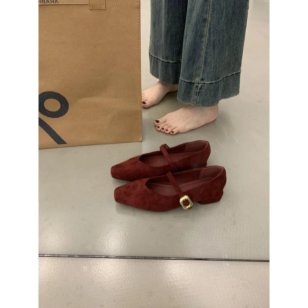 韩版温柔风晚晚鞋一字扣带浅口方头玛丽珍鞋女鞋子低跟通勤单鞋女