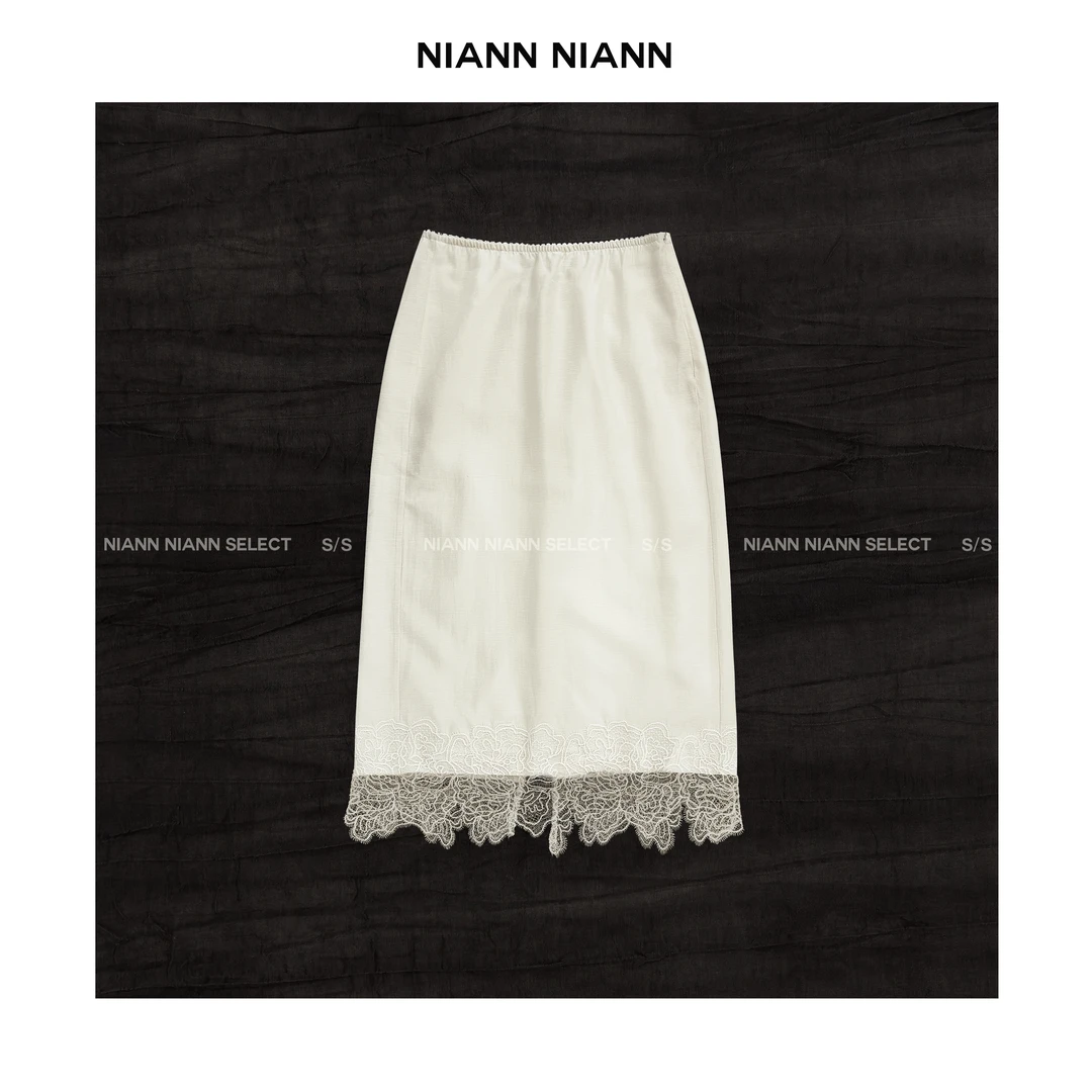 NiannNiann 新品女装极简半身直筒后开叉北海道醋酸花边裙15287