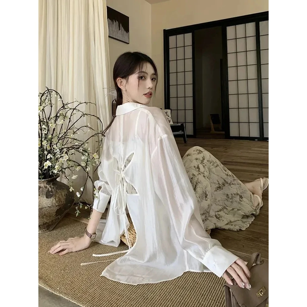 设计感后背镂空系带衬衫女夏季薄款防晒衬衣外套宽松上衣女