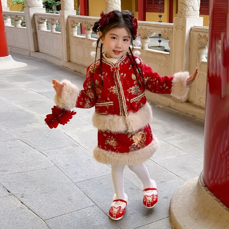 儿童汉服女童唐装加厚中国风拜年服连衣裙洋气红色加绒小女孩女宝